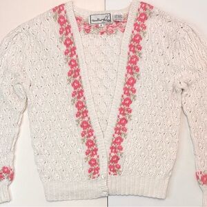 Vintage Cottage-core 80’s White‎ Pink Floral Hand Knit Granny Cardigan Sweater